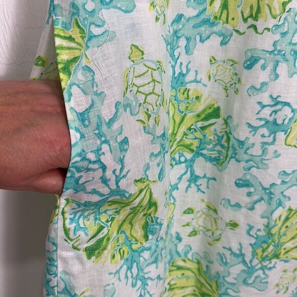 J. Jill Love Linen Ocean Coral Turtle Print Sleeveless V-neck Shift Dress Size M - Picture 2 of 9